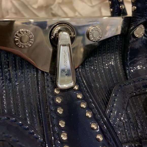 Versace Blue Striped Patent Leather Studded Frame Satchel (Rare) - Picture 3 of 7